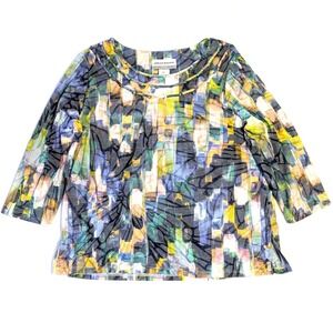 Alfred Dunner Petite PM Abstract Multi Color Lattice Neck 3/4 Sleeve Top